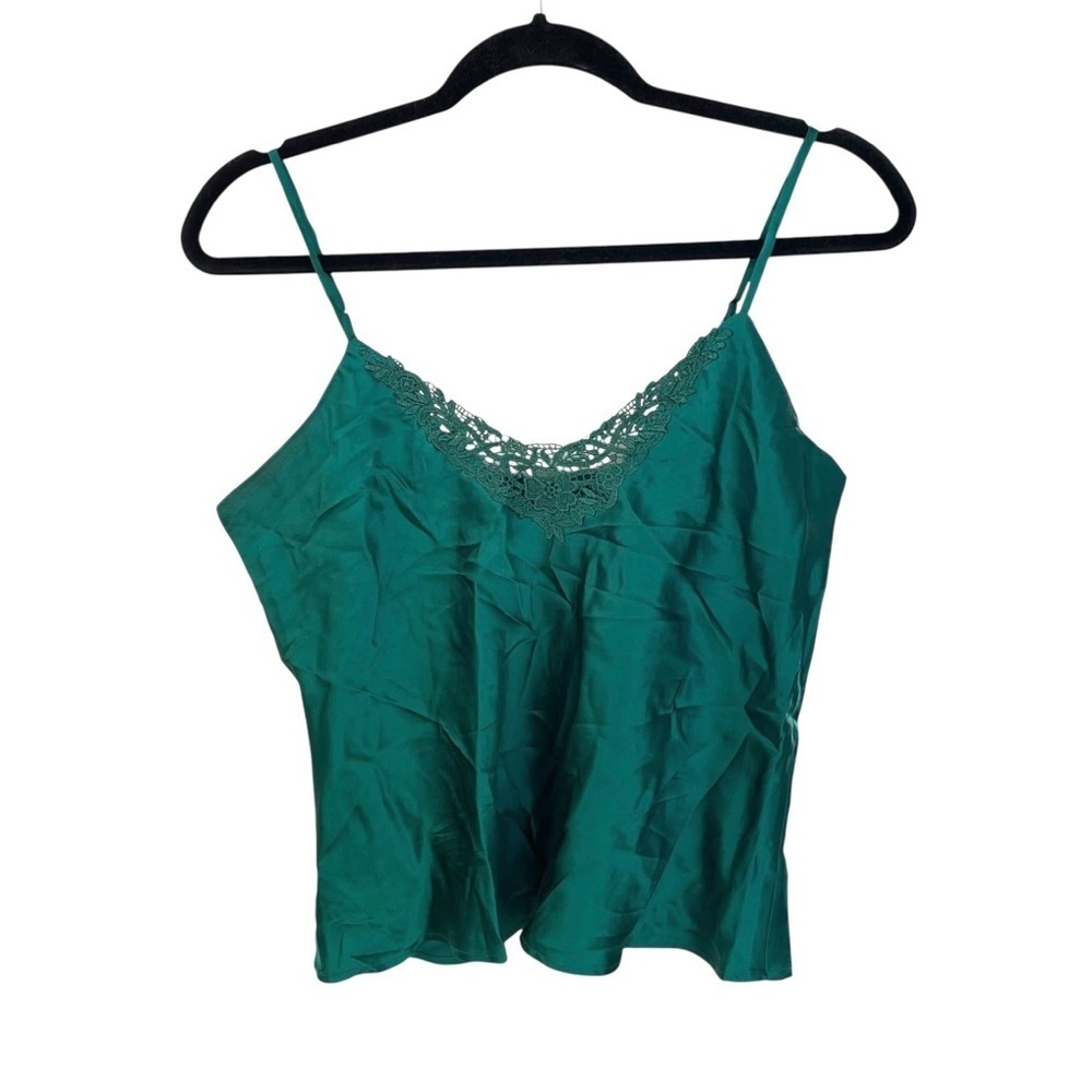 Green Silk Sleeveless Cami Blouse Lace Medium